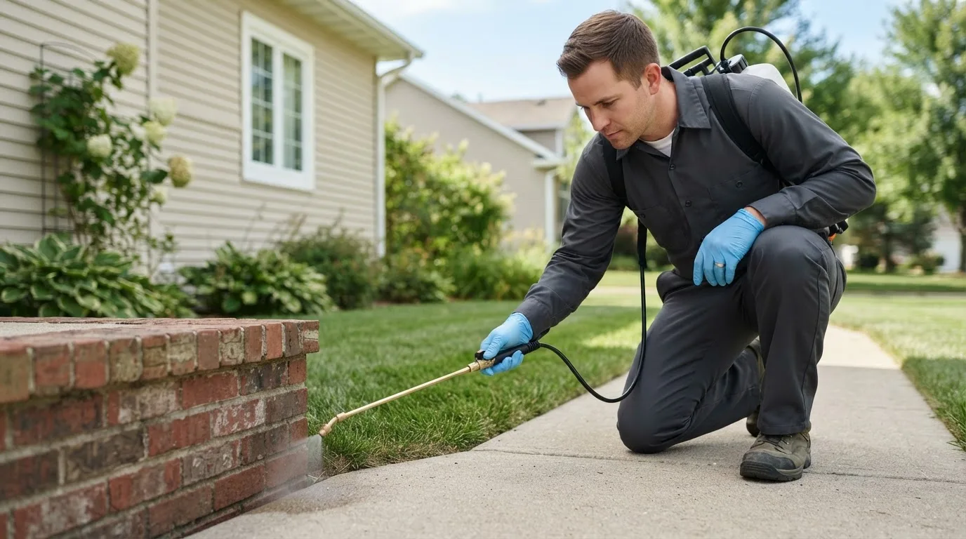 Pest control technician treating a home near Elk City, KS